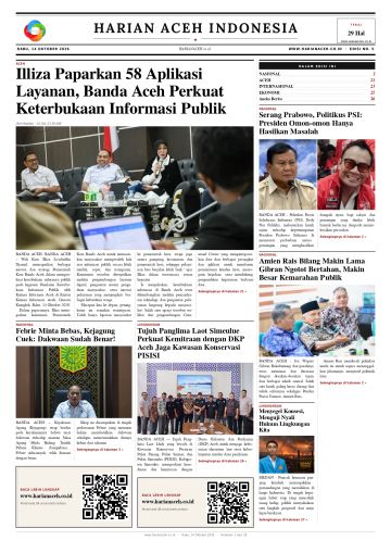 Halaman depan Harian Aceh Indonesia edisi Rabu, 14 Oktober 2026