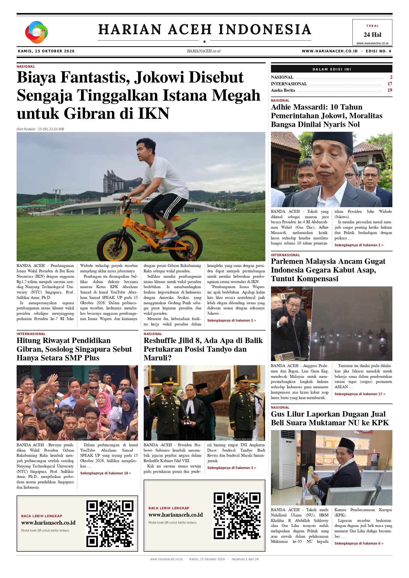 Halaman depan Harian Aceh Indonesia edisi Kamis, 15 Oktober 2026
