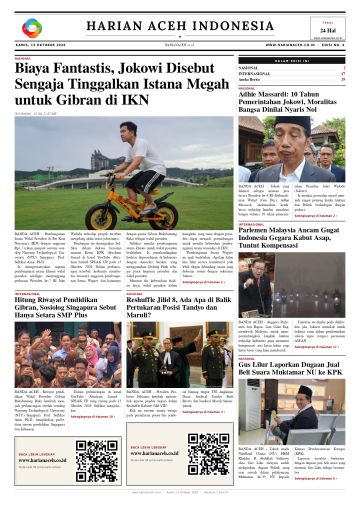 Halaman depan Harian Aceh Indonesia edisi Kamis, 15 Oktober 2026