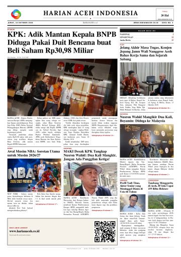Halaman depan Harian Aceh Indonesia edisi Jumat, 16 Oktober 2026