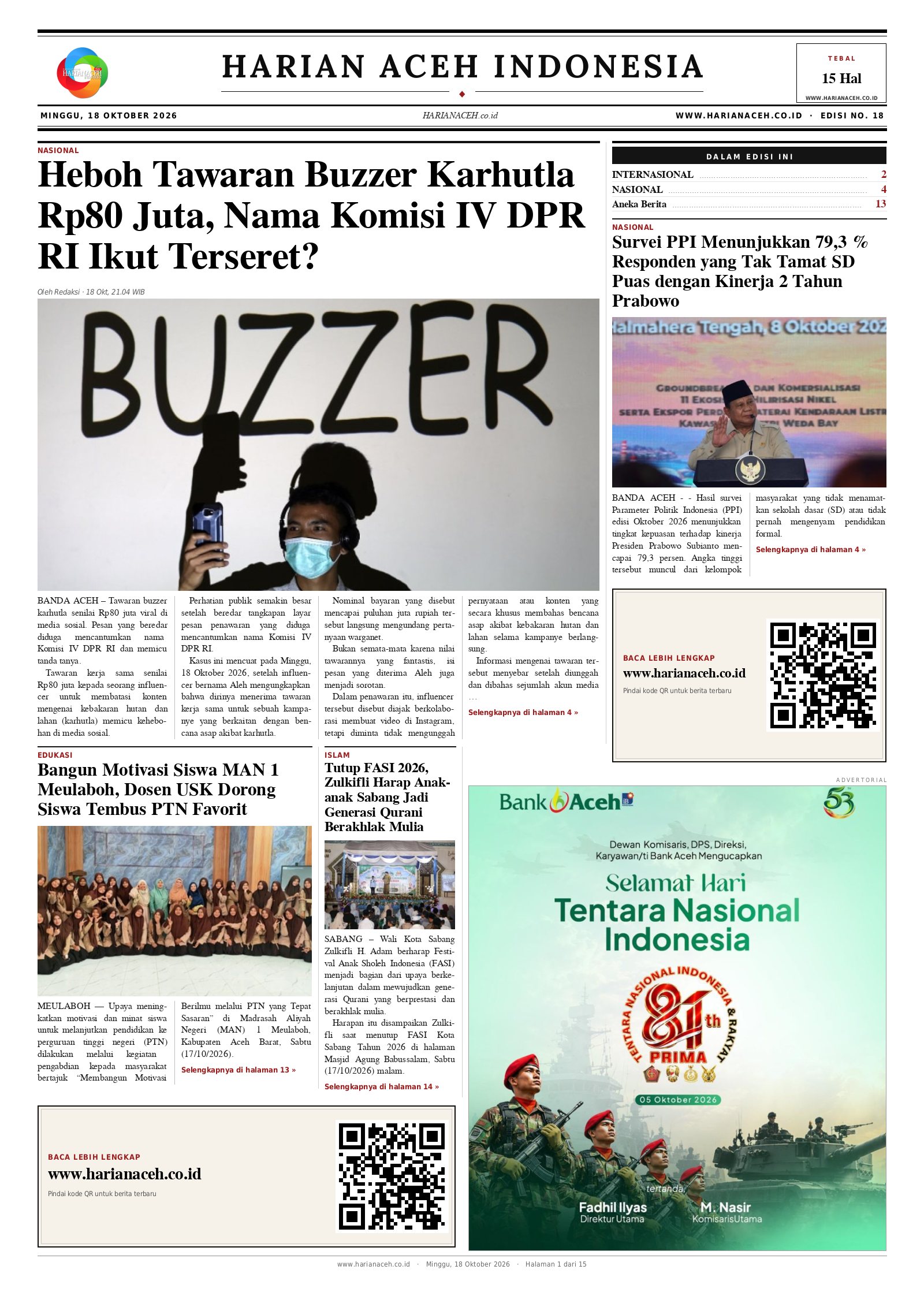 Halaman depan Harian Aceh Indonesia edisi Minggu, 18 Oktober 2026