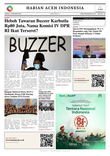 Halaman depan Harian Aceh Indonesia edisi Minggu, 18 Oktober 2026