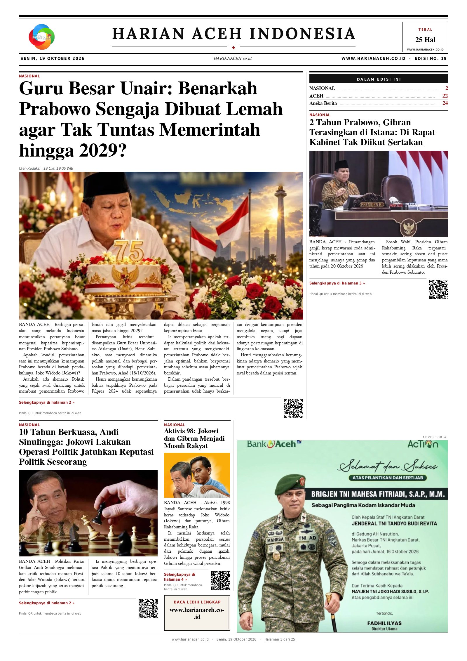 Halaman depan Harian Aceh Indonesia edisi Senin, 19 Oktober 2026