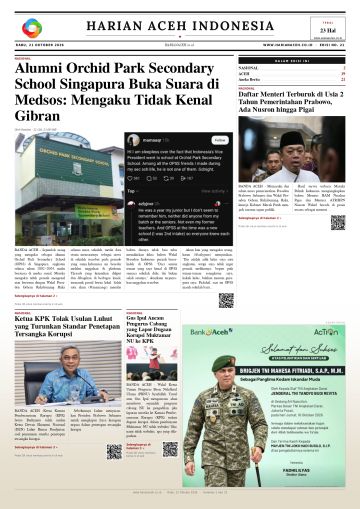 Halaman depan Harian Aceh Indonesia edisi Rabu, 21 Oktober 2026