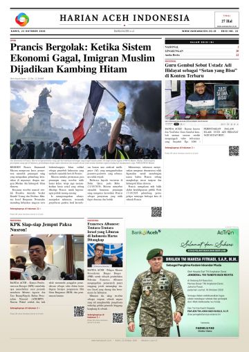 Halaman depan Harian Aceh Indonesia edisi Kamis, 22 Oktober 2026