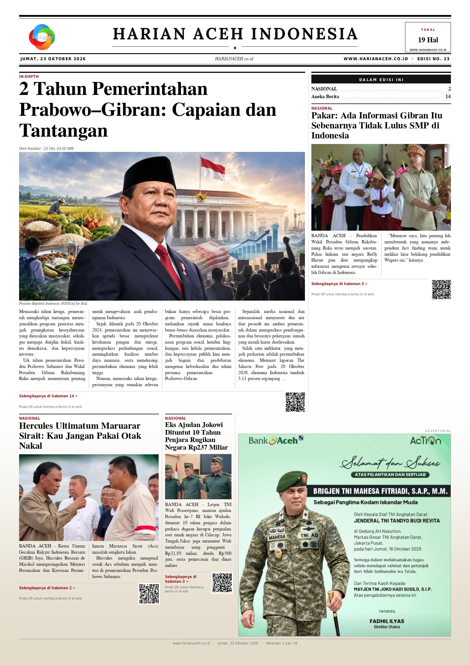 Halaman depan Harian Aceh Indonesia edisi Jumat, 23 Oktober 2026
