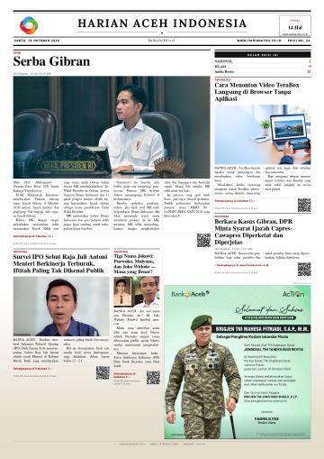 Halaman depan Harian Aceh Indonesia edisi Sabtu, 24 Oktober 2026