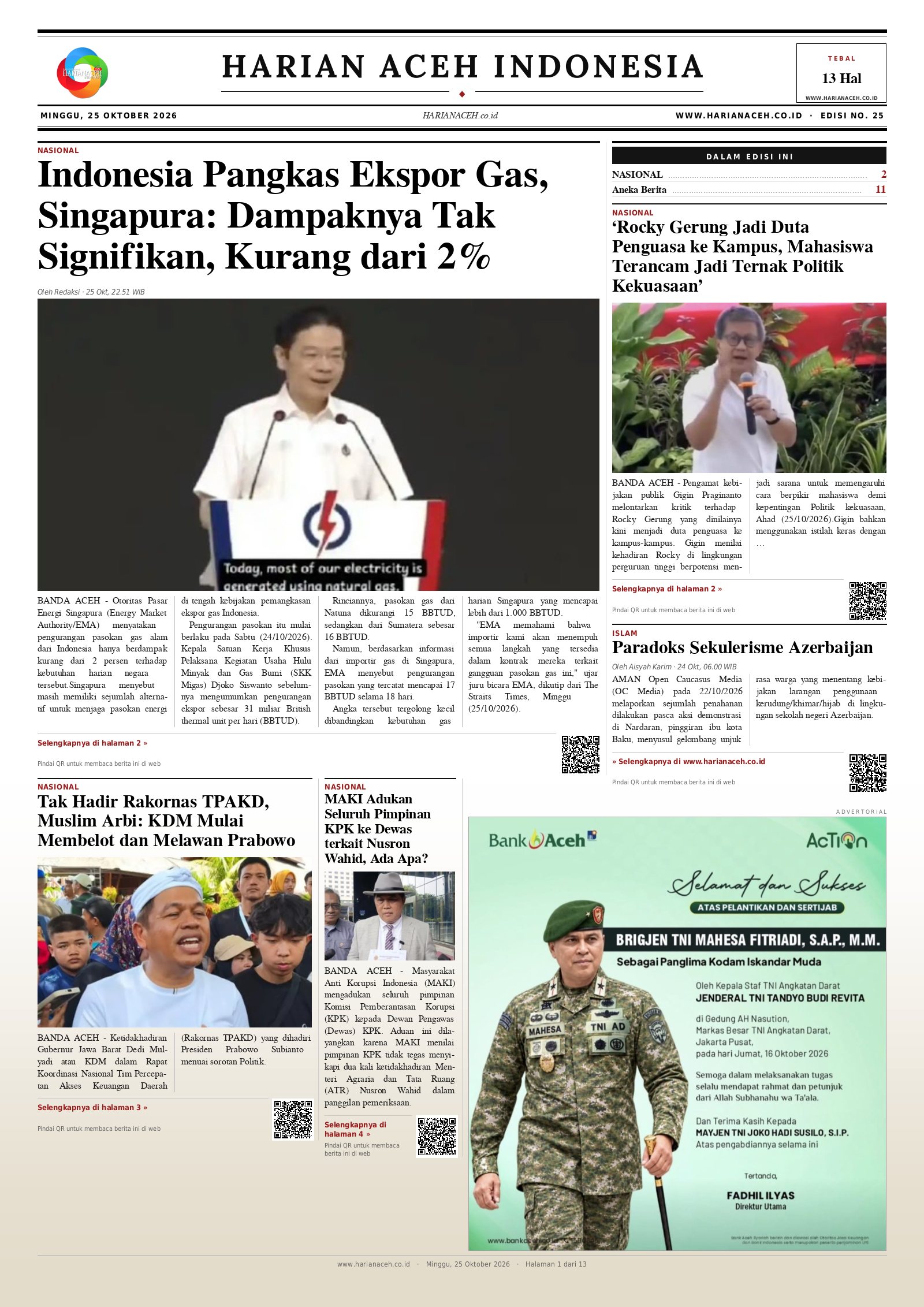 Halaman depan Harian Aceh Indonesia edisi Minggu, 25 Oktober 2026