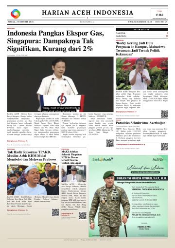 Halaman depan Harian Aceh Indonesia edisi Minggu, 25 Oktober 2026