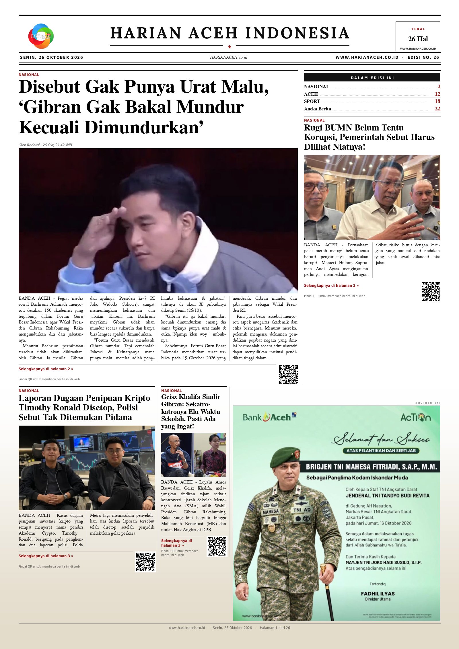 Halaman depan Harian Aceh Indonesia edisi Senin, 26 Oktober 2026
