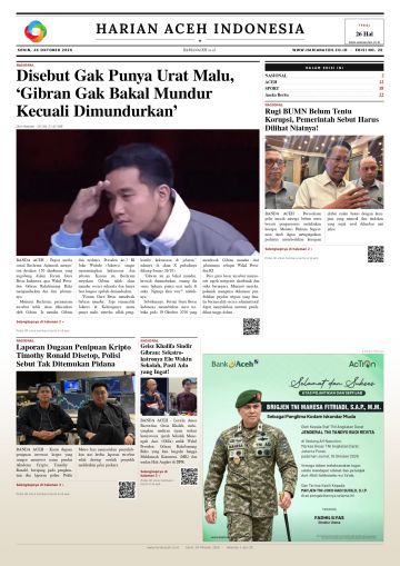 Halaman depan Harian Aceh Indonesia edisi Senin, 26 Oktober 2026