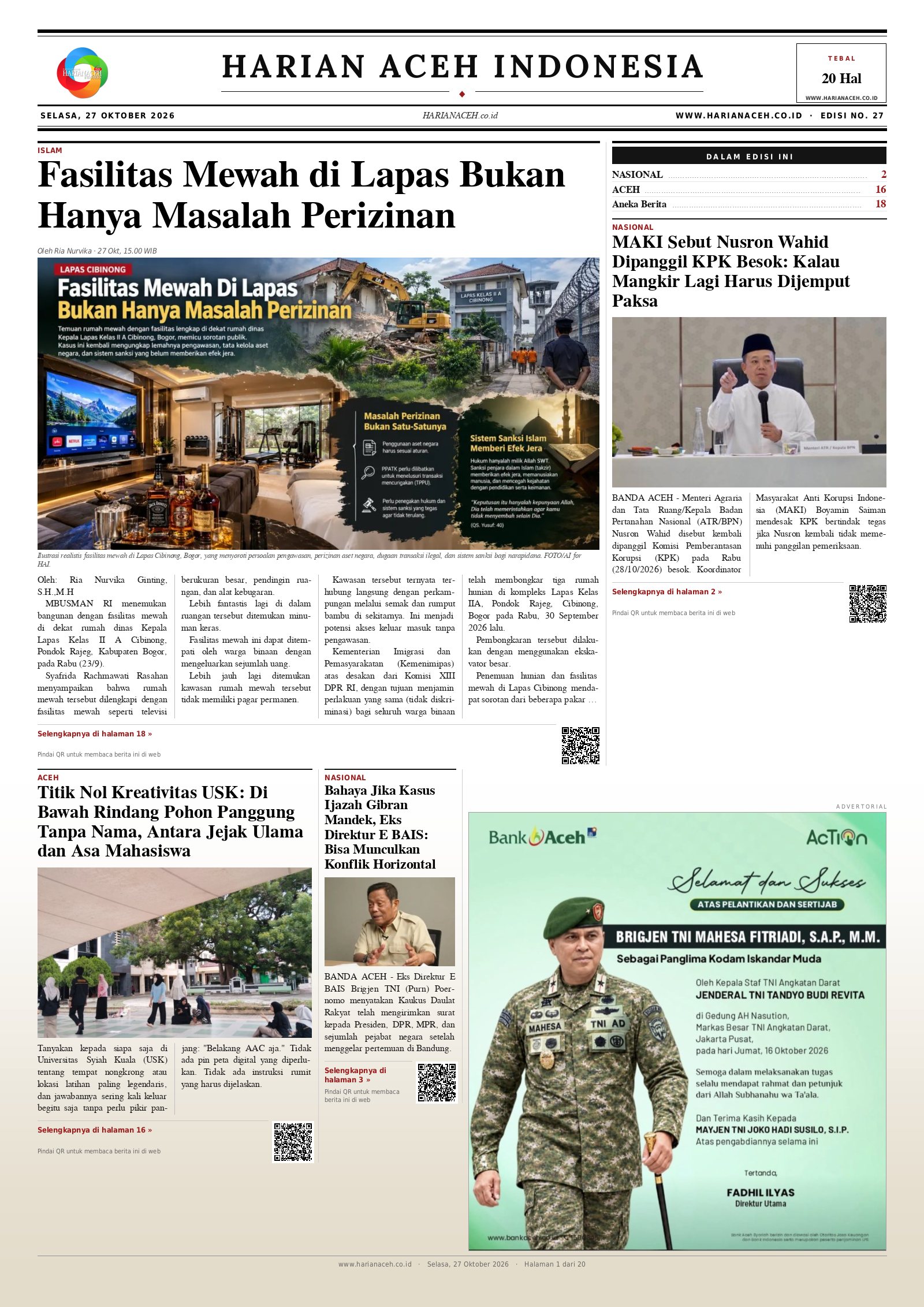 Halaman depan Harian Aceh Indonesia edisi Selasa, 27 Oktober 2026