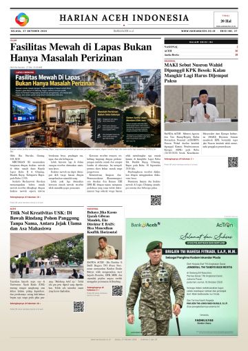 Halaman depan Harian Aceh Indonesia edisi Selasa, 27 Oktober 2026