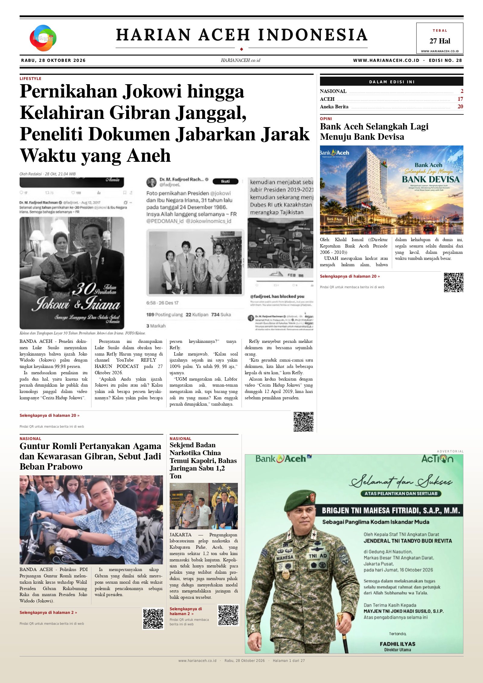 Halaman depan Harian Aceh Indonesia edisi Rabu, 28 Oktober 2026