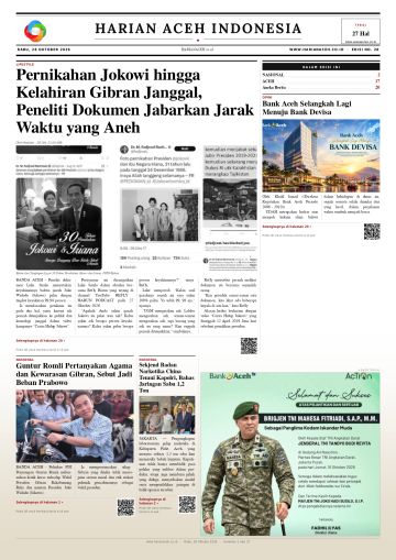 Halaman depan Harian Aceh Indonesia edisi Rabu, 28 Oktober 2026