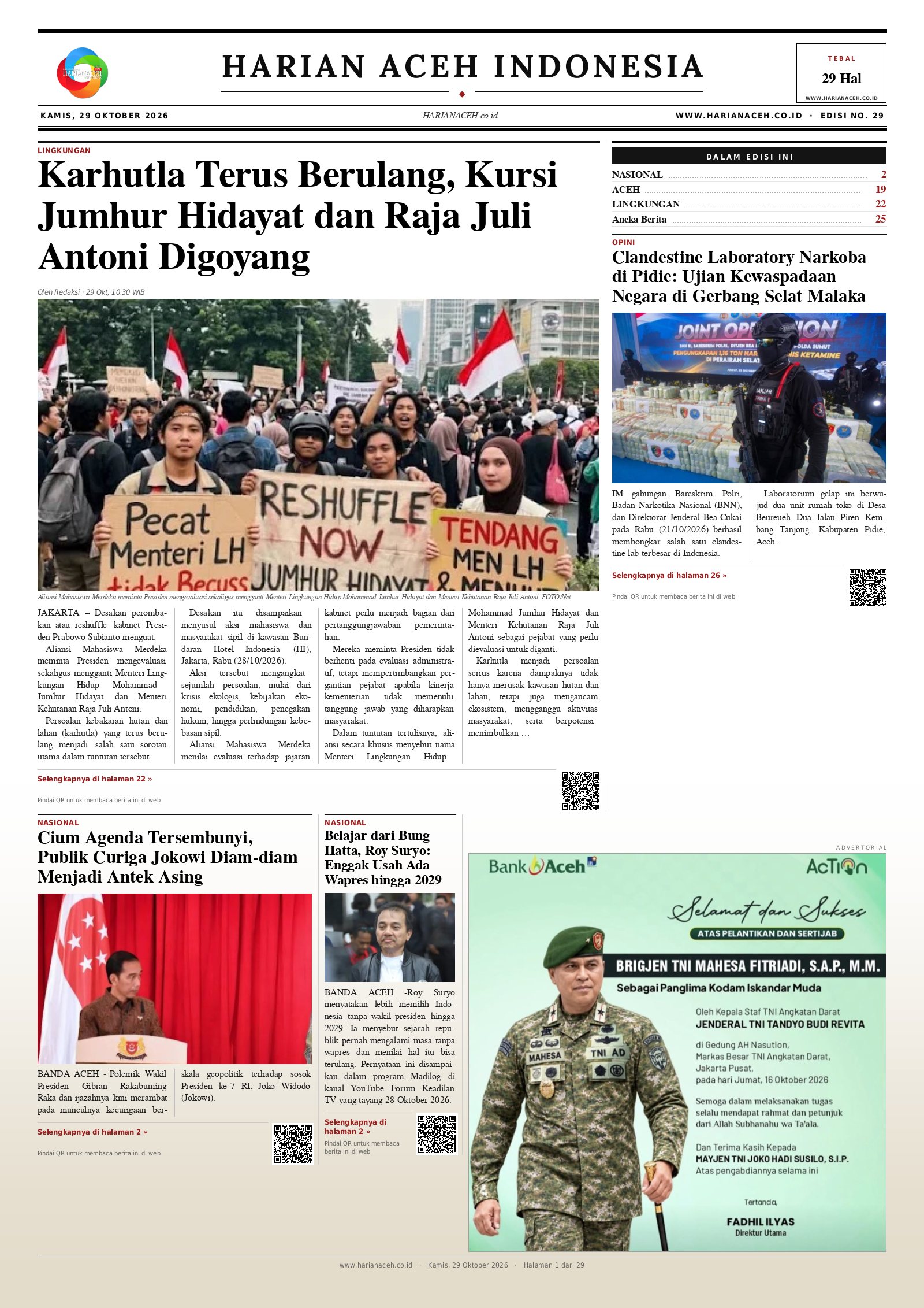 Halaman depan Harian Aceh Indonesia edisi Kamis, 29 Oktober 2026
