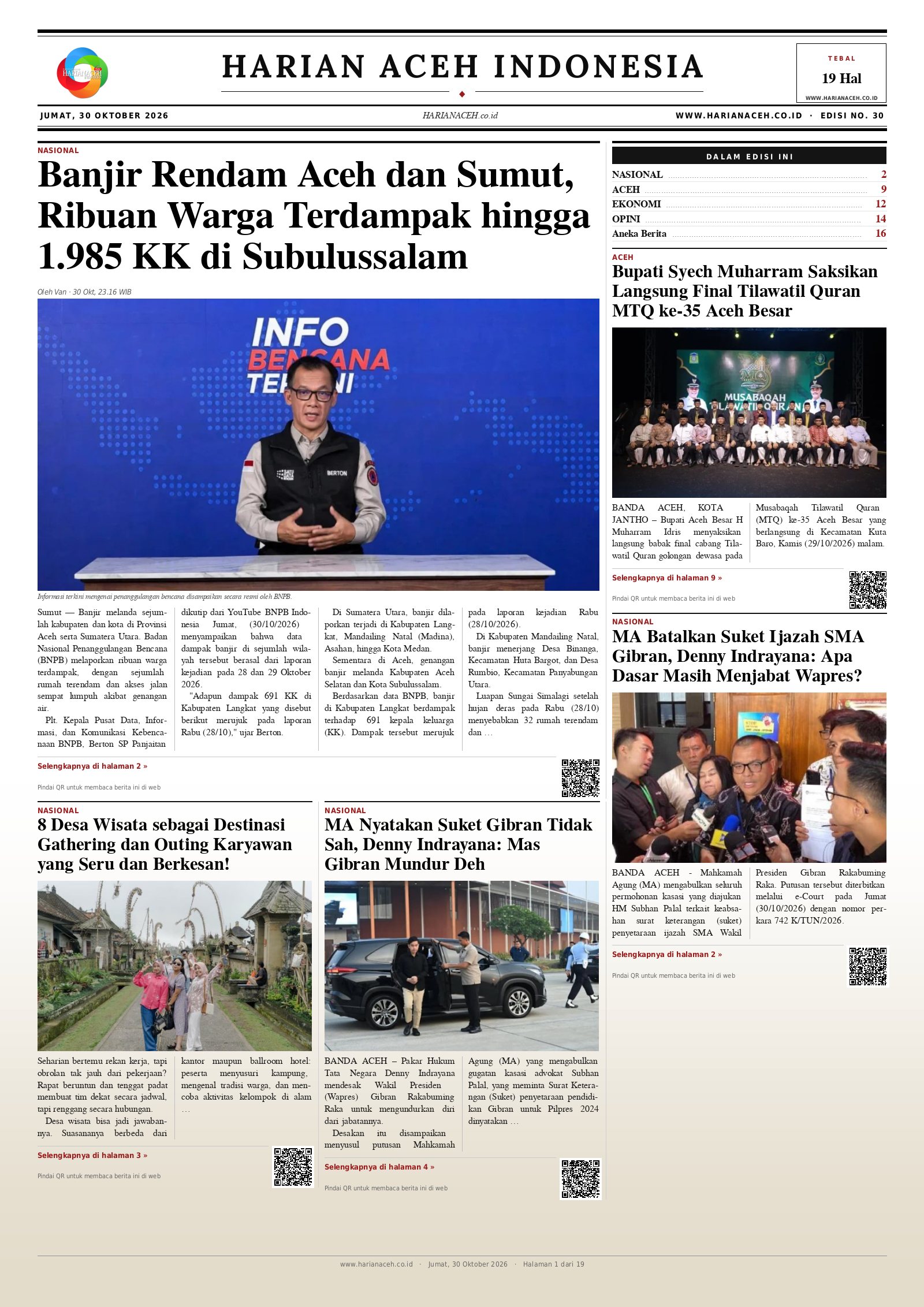 Halaman depan Harian Aceh Indonesia edisi Jumat, 30 Oktober 2026
