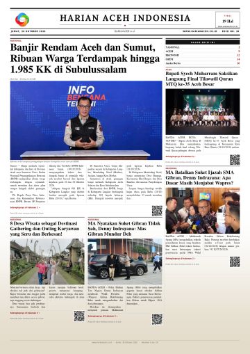 Halaman depan Harian Aceh Indonesia edisi Jumat, 30 Oktober 2026