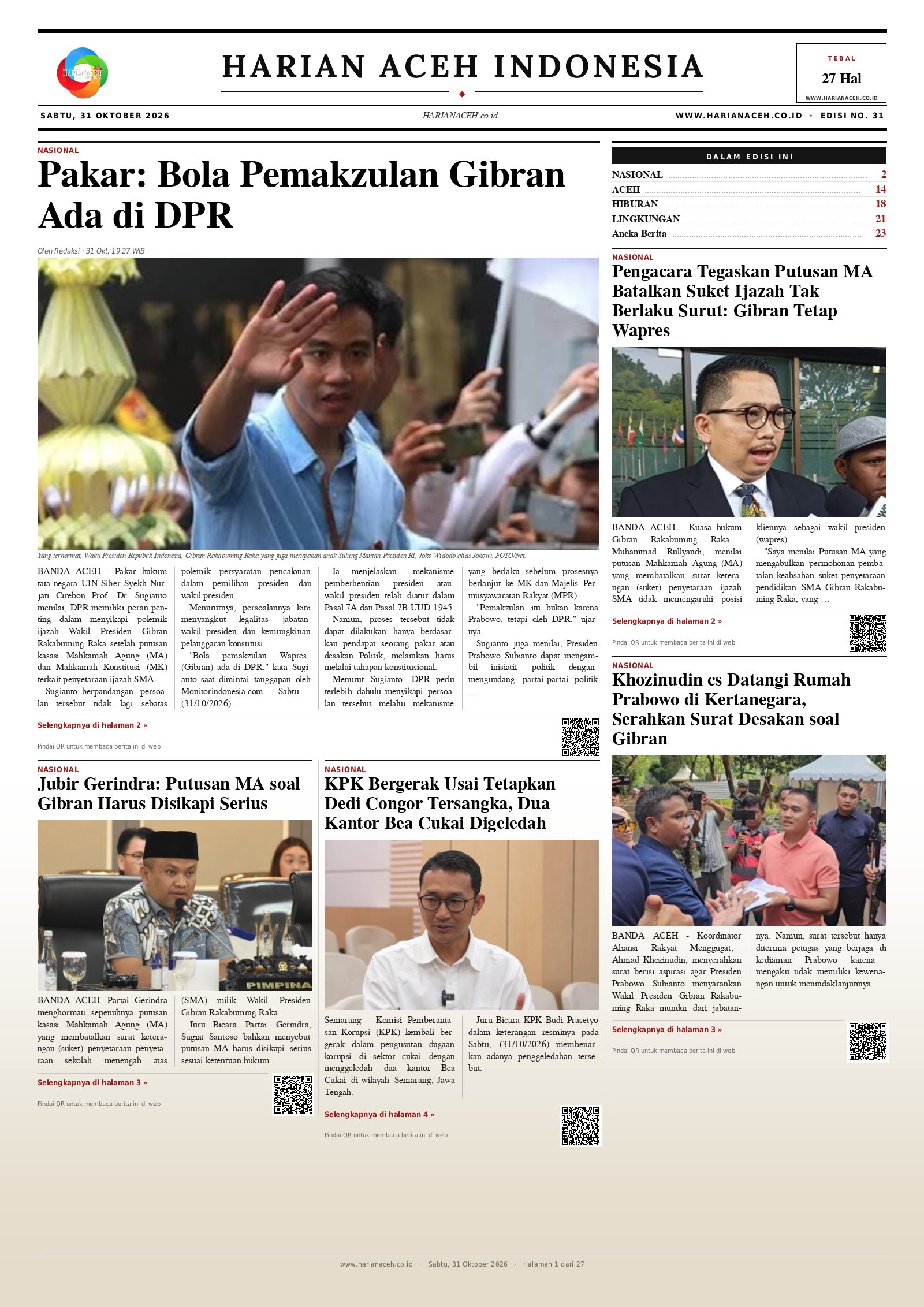 Halaman depan Harian Aceh Indonesia edisi Sabtu, 31 Oktober 2026