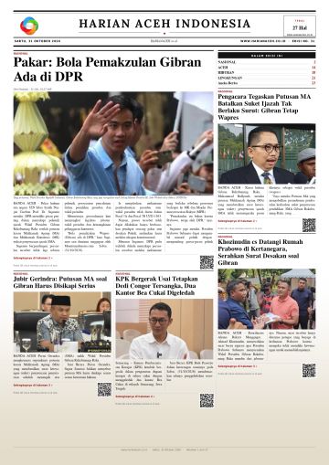 Halaman depan Harian Aceh Indonesia edisi Sabtu, 31 Oktober 2026