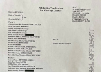 Surat nikah Ben Affleck dan Jennifer Lopez. (PageSix)