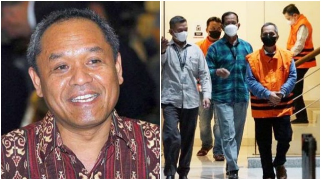 Anggota Komisi III DPR RI Benny K. Harman (kiri), tersangka korupsi uang penerimaan calon mahasiswa baru Universitas Lampung, Rektor Unila, Profesor Karomani (kanan) setelah terjerat OTT KPK. FOTO/Net