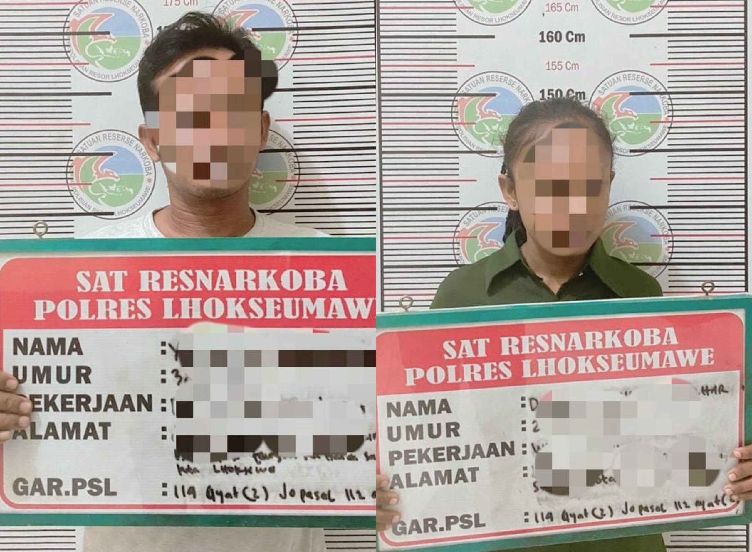 Dua tersangka pengedar Narkotika jenis sabu berhasil dirungkus Tim Opsnal Satresnarkoba Polres Lhokseumawe di Dusun Besi Tua, Desa Hagu Teungoh, Kecamatan Banda Sakti, Kota Lhokseumawe, Selasa (30/8/2022) malam. FOTO/Dok. Polres Lhokseumawe