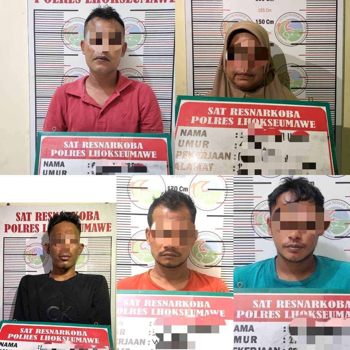 Para tersangka yang ditangkap dalam kasus tersebut di antaranya, AA (39) warga Muara Dua, AK (34) warga Kuta Makmur, HS (26) warga Dewantara, Aceh Utara, SU (46) warga Kecamatan Banda Sakti, Kota Lhokseumawe dan MZ (36) warga Kecamatan Samudera, Aceh Utara. FOTO/HAI/Dok. Polres Lhokseumawe