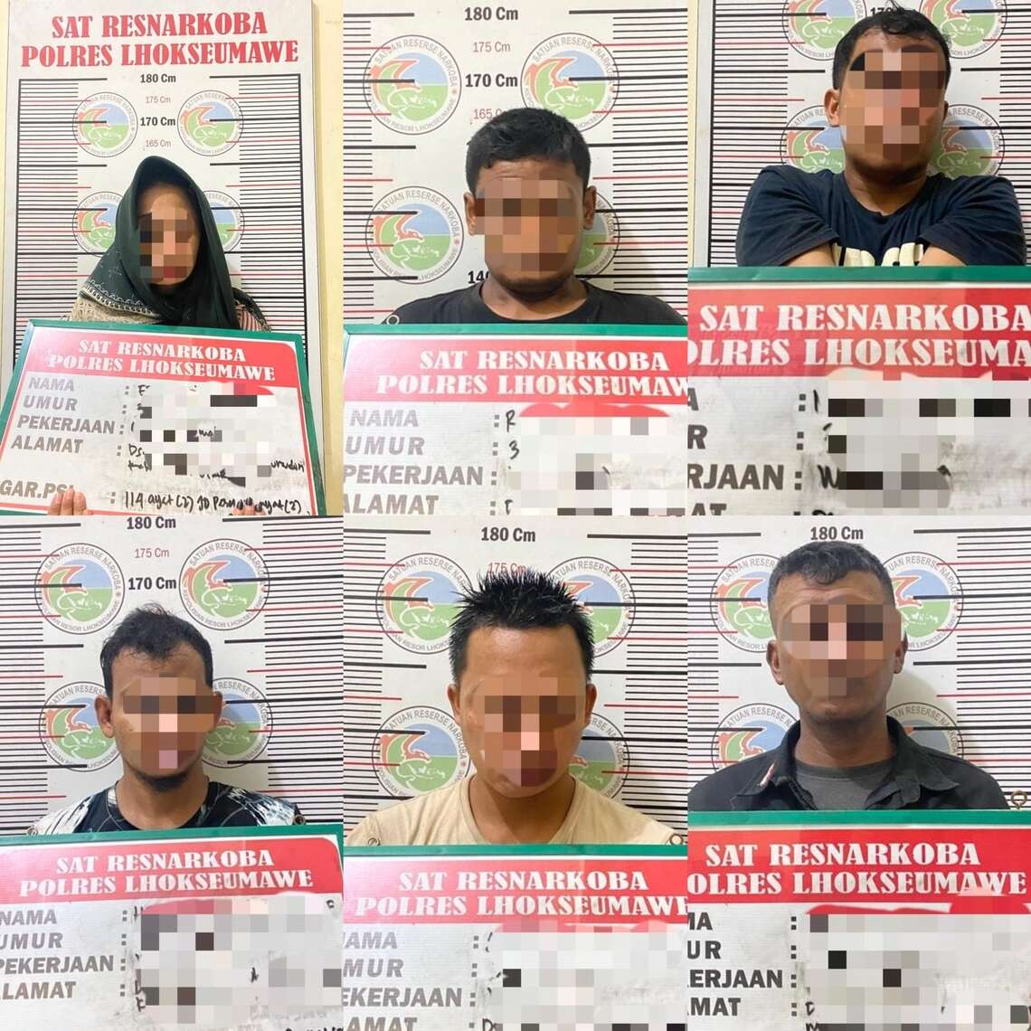 Tersangka di antaranya adalah H (28) warga Kecamatan Dewantara, Aceh Utara, S (40), M (31), R (32) warga Kecamatan Muara Dua, Kota Lhokseumawe, kemudian J (36) warga Kecamatan Dewantara serta E (28) seroang wanita asal Kecamatan Seunuddon, Aceh Utara. FOTO/Dok. Polres Lhokseumawe