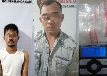 Polsek Banda Sakti ciduk dua tersangka pengedar narkotika IS (31) dan RT (29) warga kota lhokseumawe serta mengamankan barang bukti sabu–sabu, Sabtu (21/10/2023). FOTO/Dok. Polsek Banda Sakti. Ⓒ Hak cipta foto di atas dikembalikan sesungguhnya kepada pemilik foto