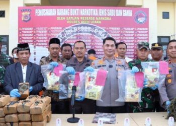 Polres Aceh Utara memusnahkan barang bukti narkotika sebanyak 65,5 Kg atau senilai 3,65 miliar barang bukti narkotika pada Kamis, (12/10/2023). FOTO/Dok. Polres Aceh Utara. Ⓒ Hak cipta foto di atas dikembalikan sesungguhnya kepada pemilik foto