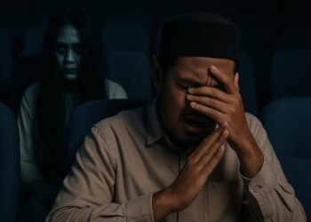 Seorang pemuda menatap layar dengan ekspresi cemas di tengah suasana gelap dan mencekam—mewakili keresahan generasi muda terhadap dominasi film horor yang membingkai spiritualitas dalam nuansa ketakutan dan mistik. Ⓒ Hak cipta foto di atas dikembalikan sesungguhnya kepada pemilik foto