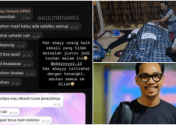 Sebuah chat melalui aplikasi instan menjadi pesan terakhir yang dikirimkan Abay, fotografer humas DPRD Makassar yang terjebak api di dalam gedung pada Jumat (29/8/2025) malam. FOTO/Kolase. Ⓒ Hak cipta foto di atas dikembalikan sesungguhnya kepada pemilik foto