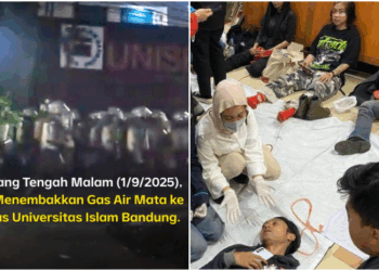 Kampus Universitas Pasundan (Unpas) dan Universitas Islam Bandung (Unisba) di Jalan Tamansari menjadi sasaran tembakan gas air mata oleh aparat saat pembubaran aksi unjuk rasa di Kota Bandung, Senin (1/9/2025) malam. FOTO/Net. Ⓒ Hak cipta foto di atas dikembalikan sesungguhnya kepada pemilik foto