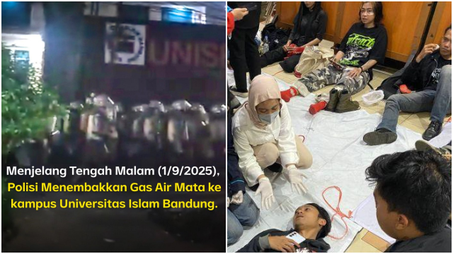 Kampus Universitas Pasundan (Unpas) dan Universitas Islam Bandung (Unisba) di Jalan Tamansari menjadi sasaran tembakan gas air mata oleh aparat saat pembubaran aksi unjuk rasa di Kota Bandung, Senin (1/9/2025) malam. FOTO/Net. Ⓒ Hak cipta foto di atas dikembalikan sesungguhnya kepada pemilik foto